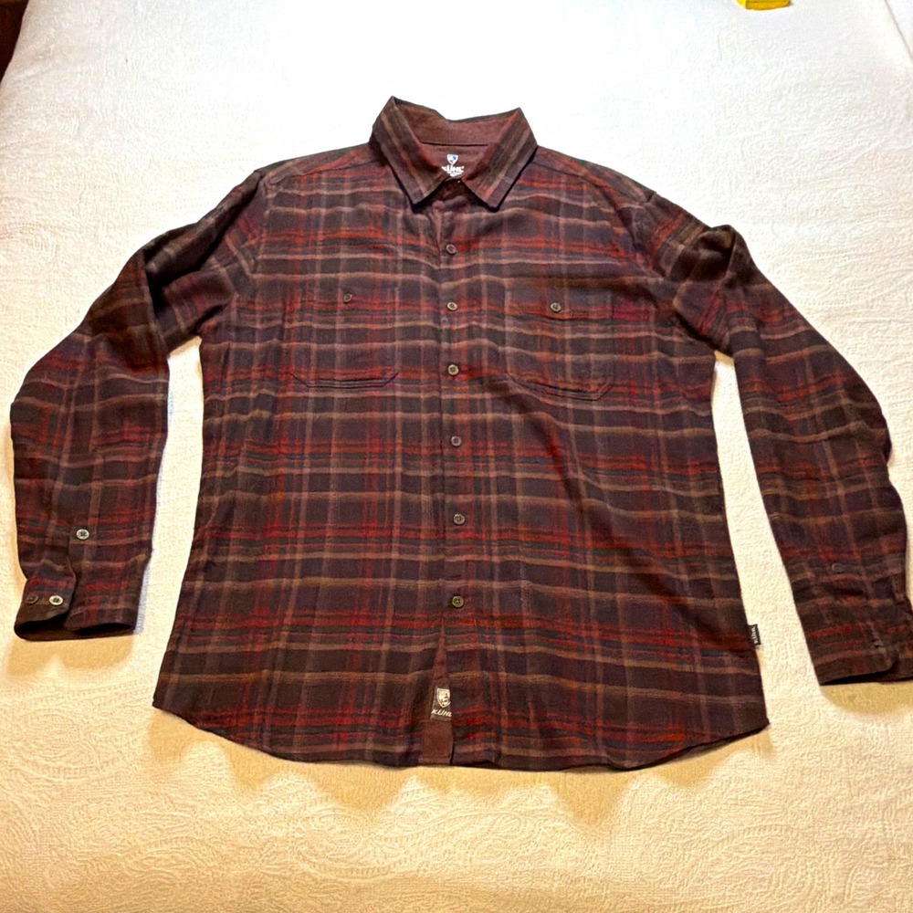 Kuhl Men's L Brown Red Blue Plaid Flannel Cotton Lyocell Button-Up Pockets